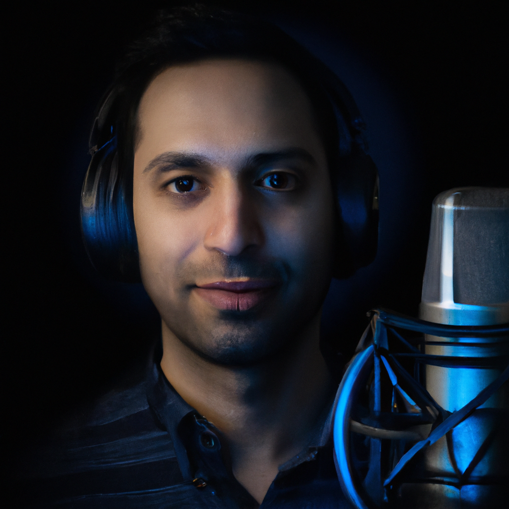 Generated portrait of producer Liam Patel in a podcast studio